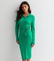 Sunshine Soul Green Ribbed Knit Collared Midi Dress